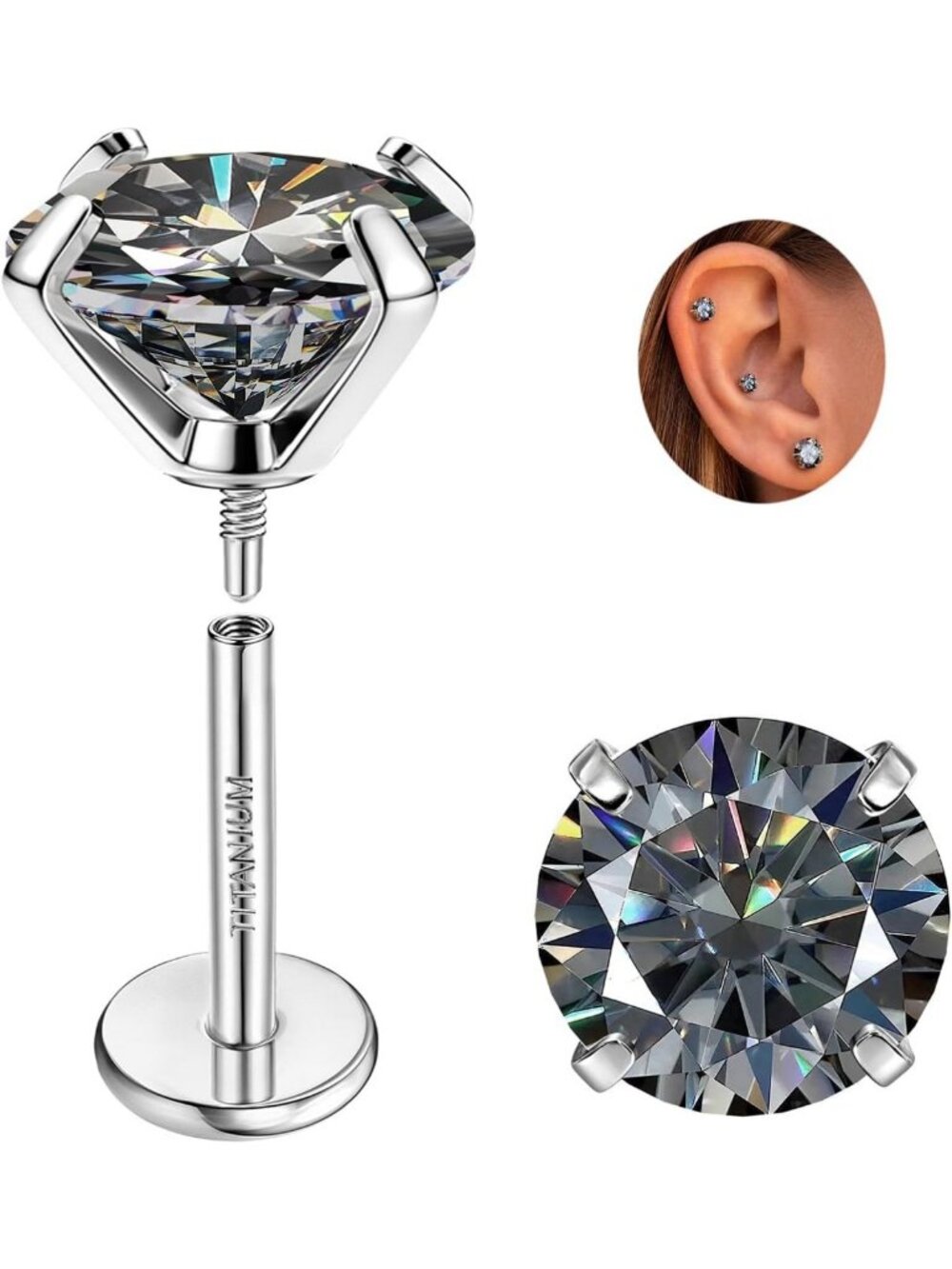 Sparkling Moissanite Flat Back Earrings in G23 Titanium - 0.2-3CT Options